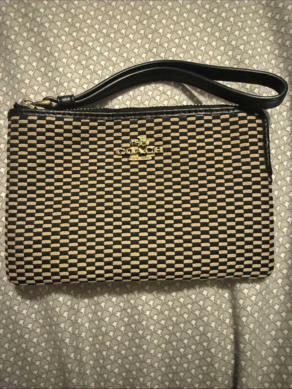 Coach Black & Tan Woven Wristlet with Gold Logo
